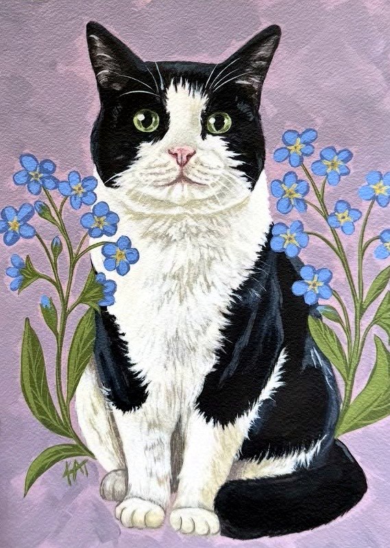 Painted portrait of a black and white cat surrounded by blue forget-me-not flowers, on a lilac background