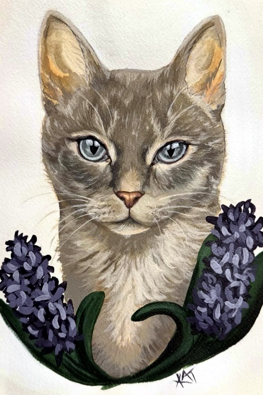 Painted portrait of a gray cat with blue eyes, surrounded by purple hyacinth flowers