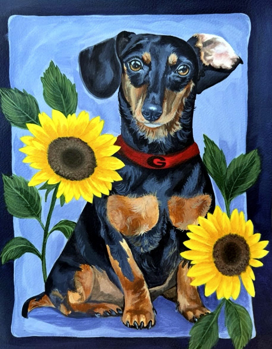 Painted portrait of a dachshund wearing a red collar, surrounded by sunflowers, on a blue background