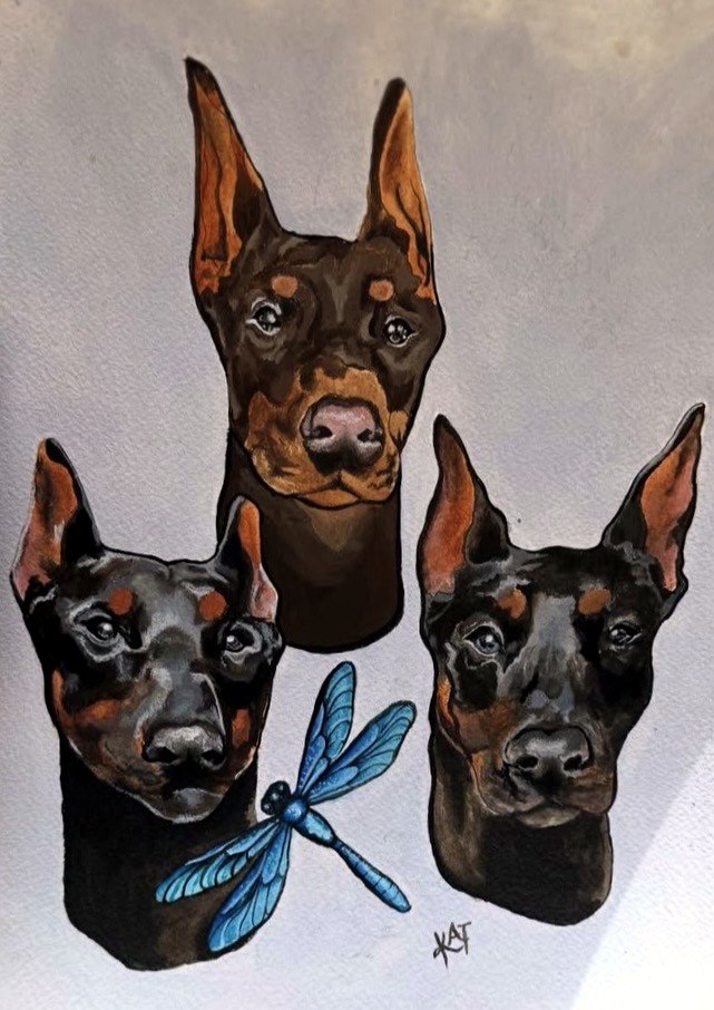 Painted portrait of three Doberman dogs with a blue dragonfly