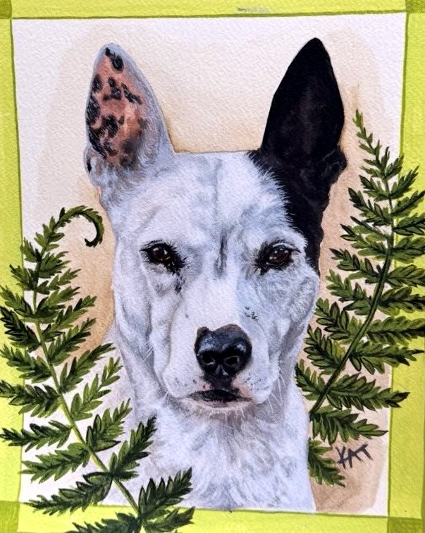 Painted portrait of a white and black dog with fern fronds, in a lime green bordered frame