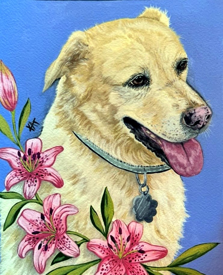 Painted portrait of a light-colored dog with its tongue out, surrounded by pink lily flowers, on a blue background